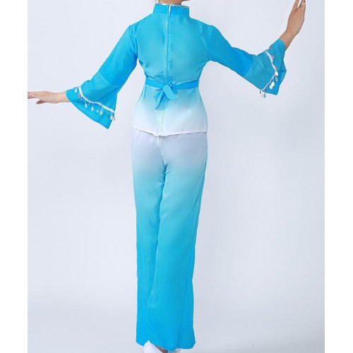Women's chinese folk dance costumes pink red blue ancient traditional yangko square drummer fan dance dresses tops and pants
